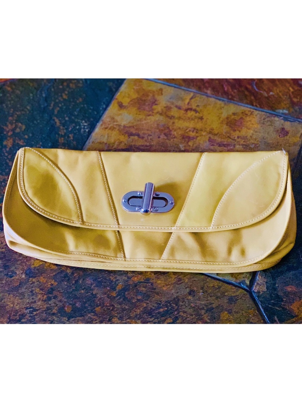 Nine West Yellow Leather Turn-Lock Wristlet Clutch